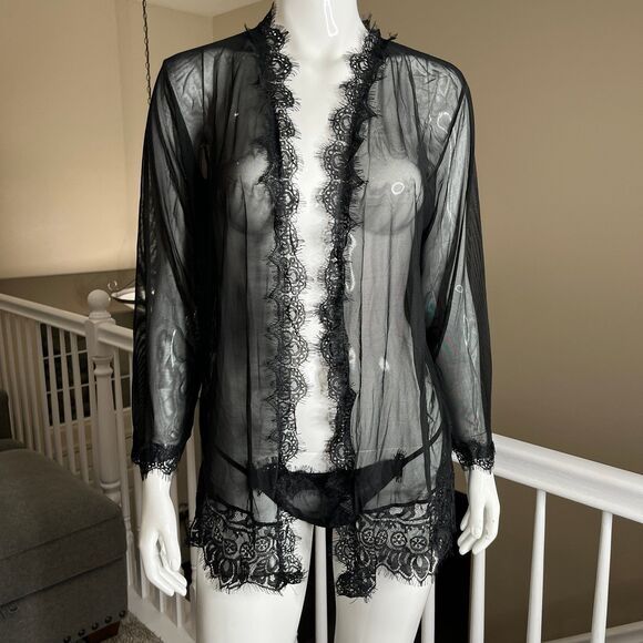 Sexy Romantic Sheer Black Lace Robe G String Thong Women's Size L #680 - Picture 8 of 12
